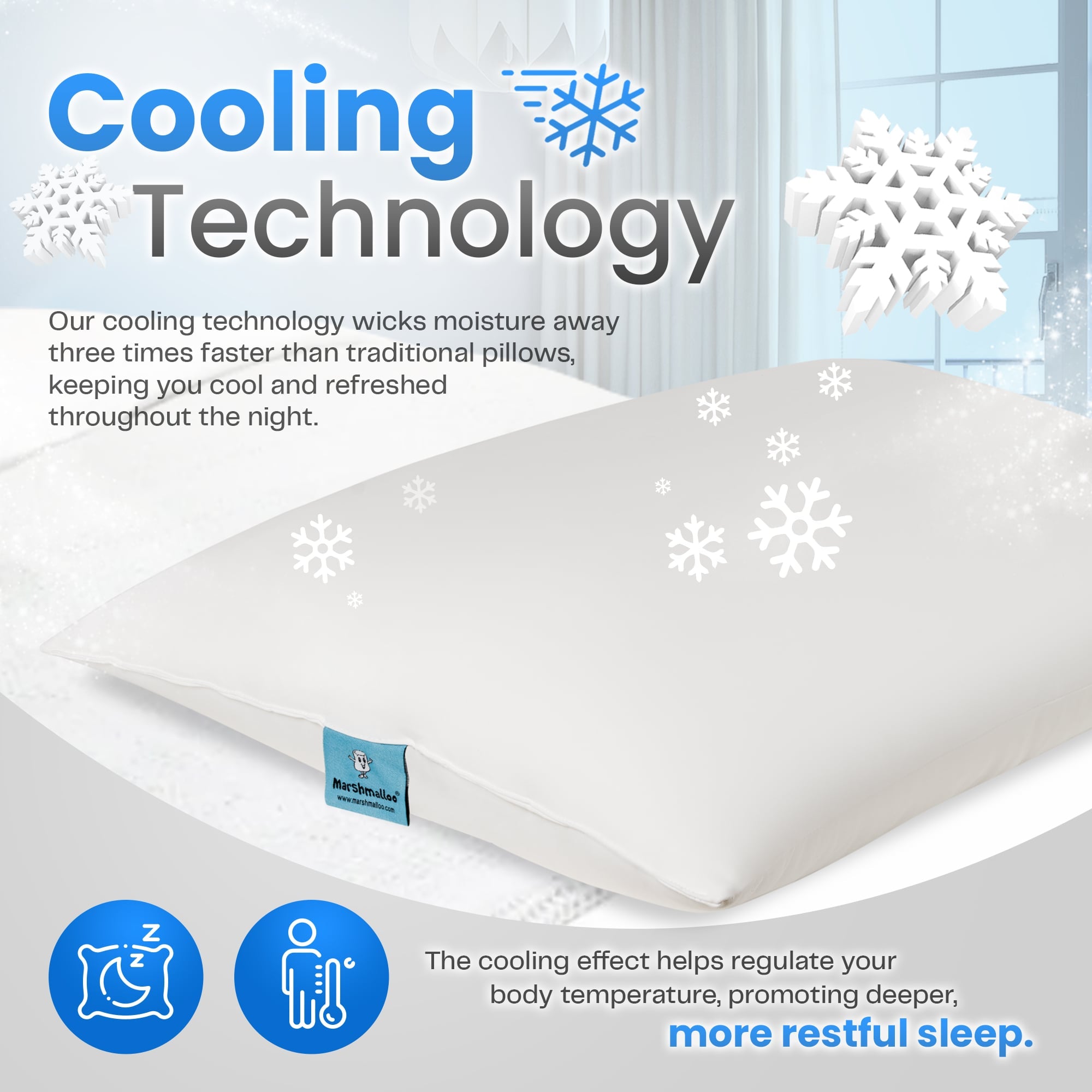 White cooling pillow with colorful packaging and certification logos in the corner.