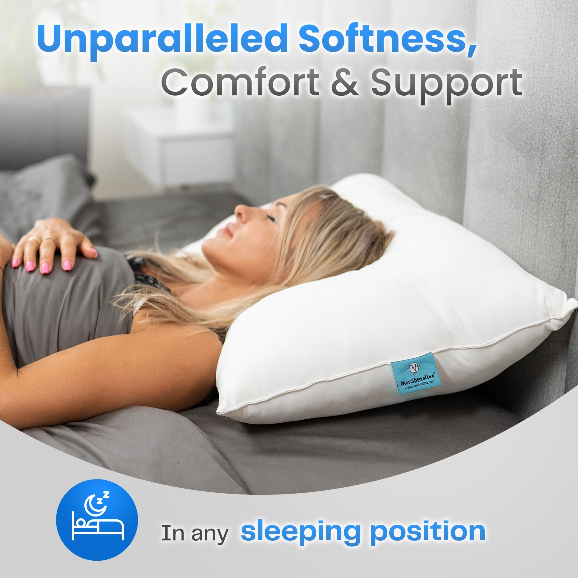 White cooling pillow with colorful packaging and certification logos in the corner.
