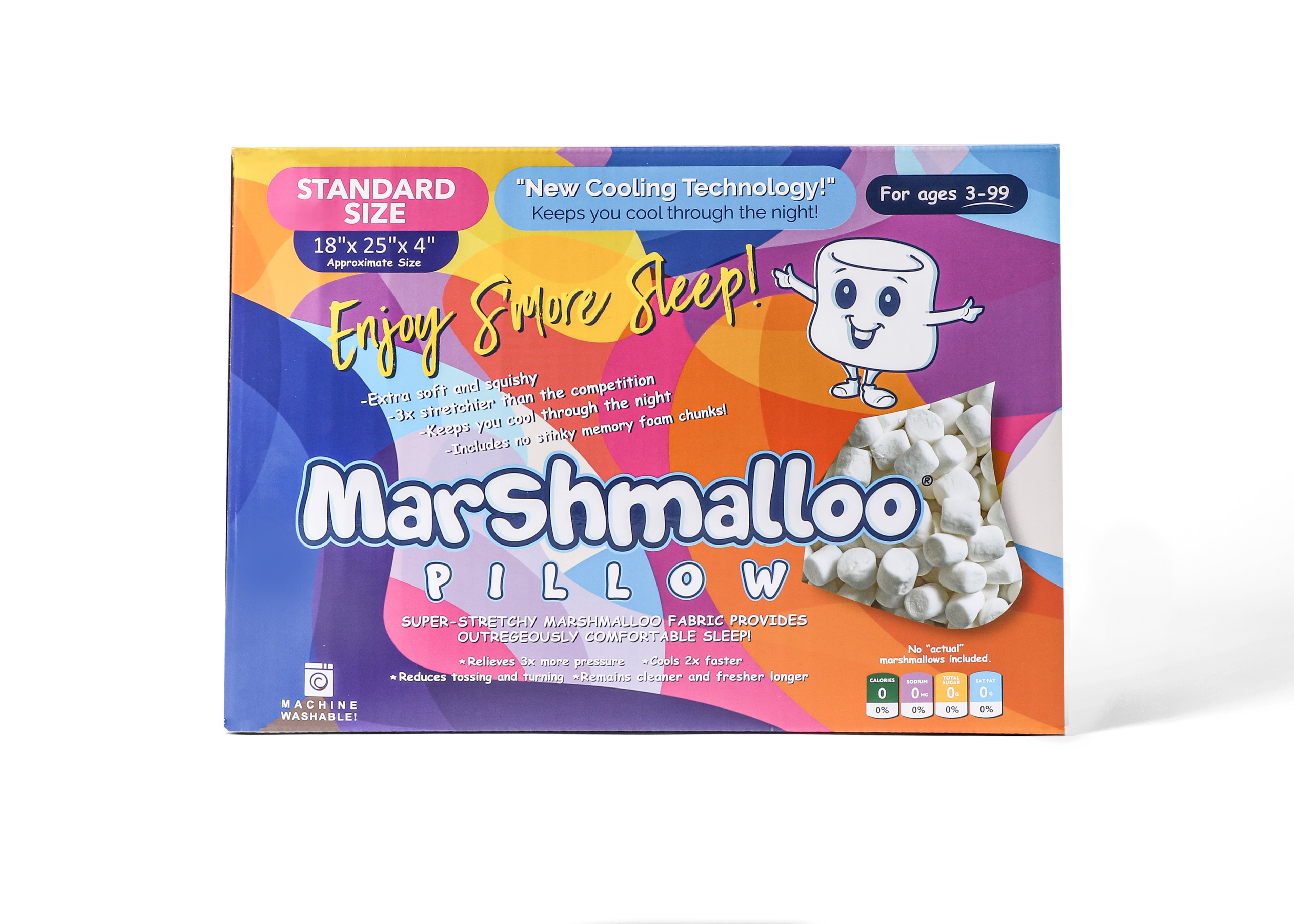 White cooling pillow with colorful packaging and certification logos in the corner.